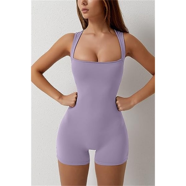 Naisten olkaimellinen neliökauluksinen tank top -bodycon-lyhyet shortsit -hyppyasu Purple M