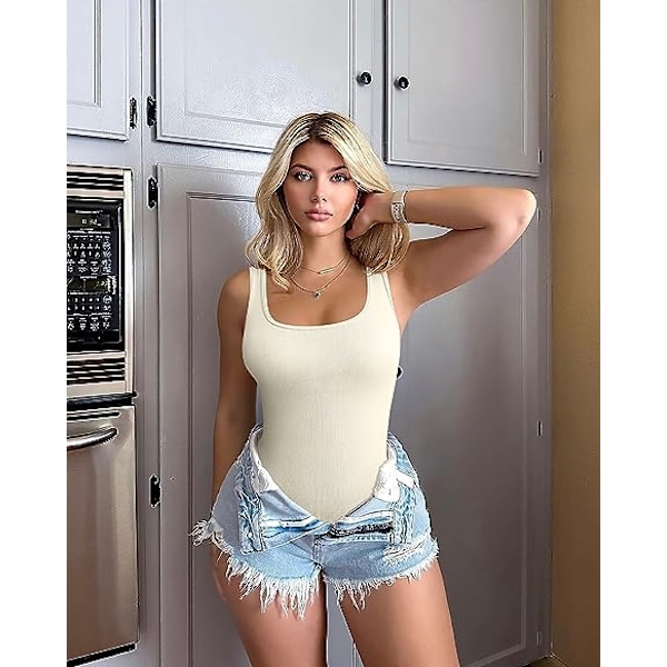 3-delt Bodysuit for Kvinner - Sexy Ribbet En-delt Tanktopp uten Ermer Black Coffee Beige L