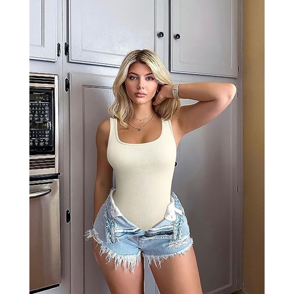 3-pack Dam Bodysuits - Sexig Ribbad En-dels Sleeveless Tank Top Bodysuits Black Coffee Beige L