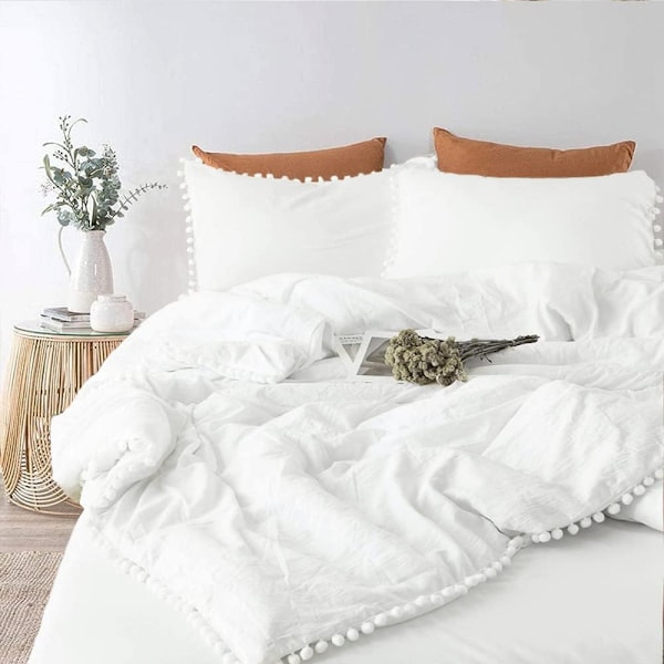 Bomullsöverdrag med Pompom- fransar, 3-delat Bohemiskt Mikrofiberset White Twin-168*228cm