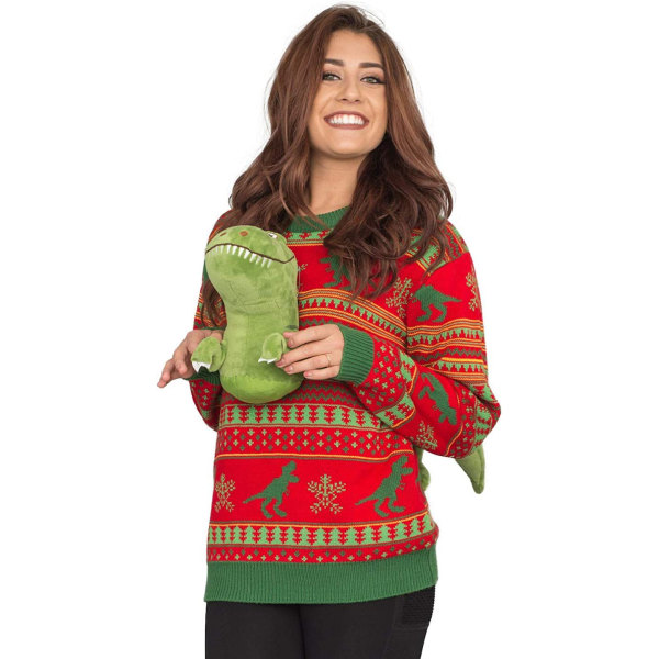 3D Röd och Grön Vuxen Jumper Ugly Christmas Sweater Tyrannosaurus rex L