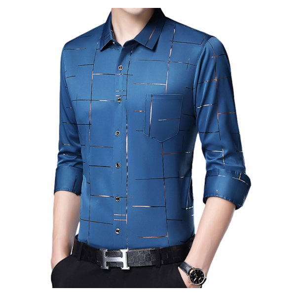 Mænds Trykt Lapel Business Casual Langærmet Skjorte Blue M
