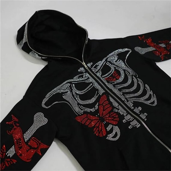 Y2k Skeleton Full Zip Up Hoodies Rhinestone grafiskt print tröja M