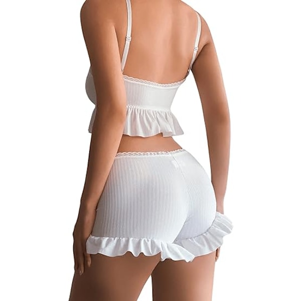 Naisten 2-osainen alusvaatesetti, Rypytetty reunus ja solmittava etuosa, Cami-top ja shortsit, yöasu S