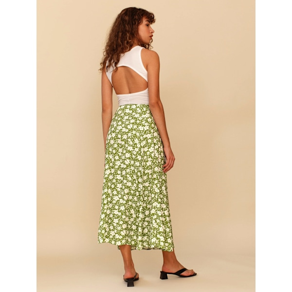 Sommarflödande midikjolar med slits för damer, ledig blommig kjol med hög midja green S