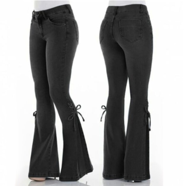 Jeans för kvinnor med mid midja Bell Bottom Jeans black S