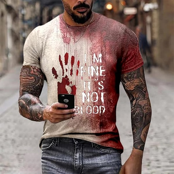 Halloween T-shirt til mænd - Casual Rundhals med Blodsprøjt Mønster Q2 M