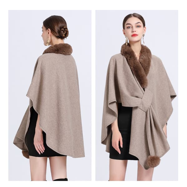 Faux Fur Trim Cardigan Kappe Sjal til Efterår Vinter Khaki