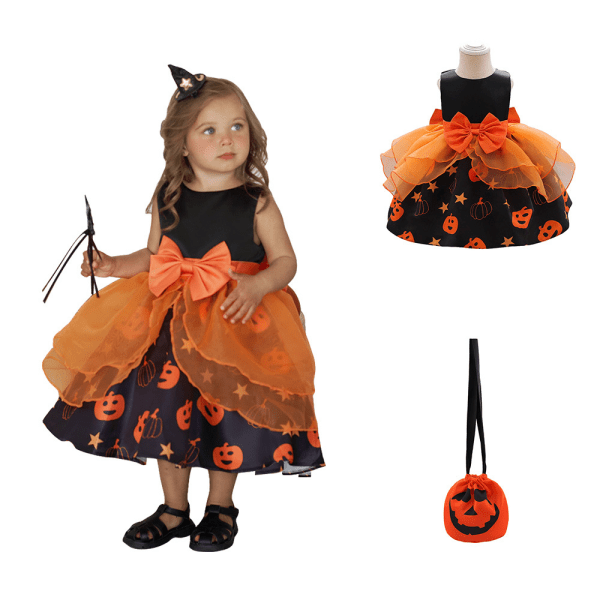 Toddler Baby Girls Halloween pumpa Princess Klänning med handväska 70cm