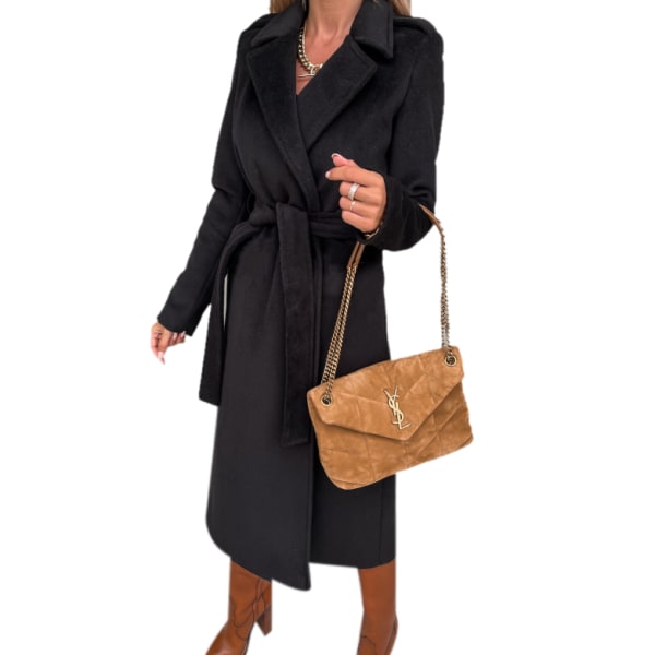 Klassisk lång kappa med bälte för kvinnor black L