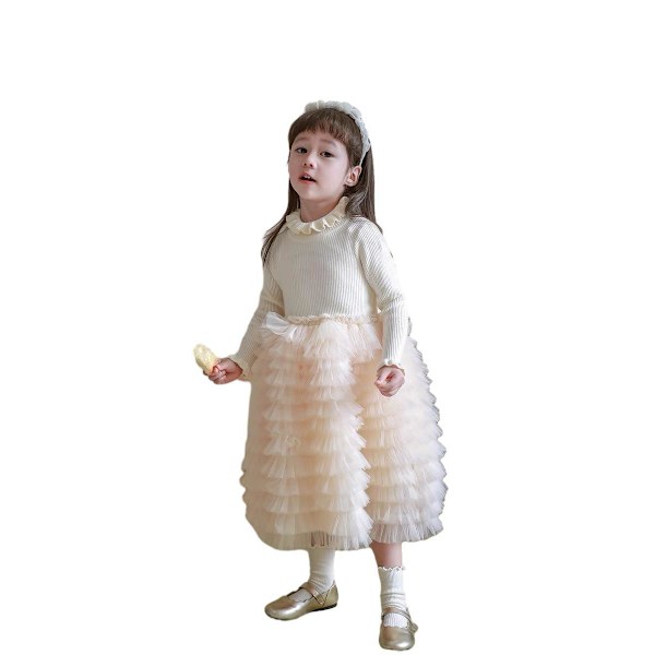 Tyttöjen pitkähihainen neulottu mekko White 100cm
