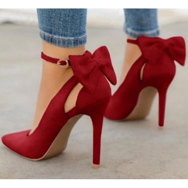 Naisten Jousi Solki Takana Korkokengät Seksikäs Stiletto Nilkkaremmi Häämekko Kengät Red 35