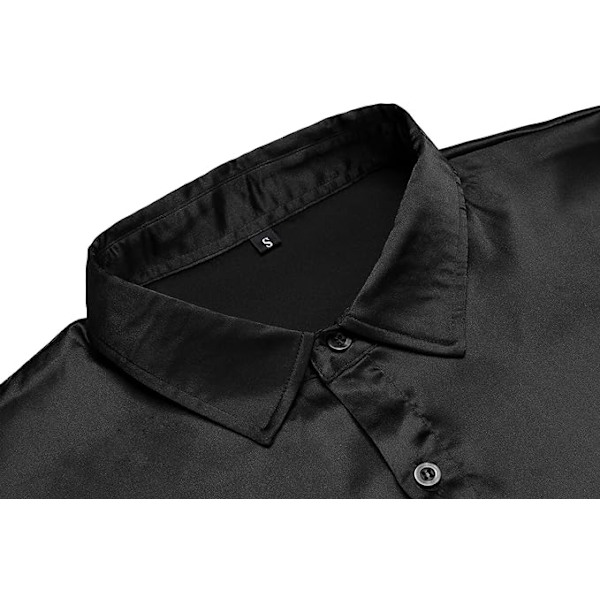 Herrar Silke Satin Långärmad Klänningsskjorta Blank Casual Knapp-Ner Skjorta Black L