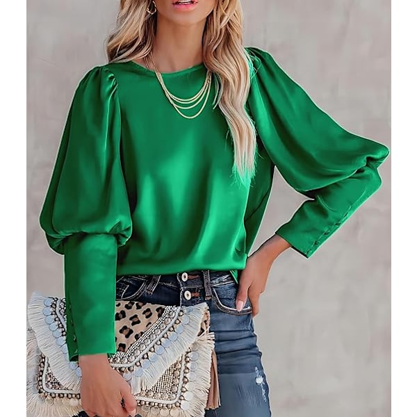 Satinbluse med Puff-ermer for kvinner - Avslappet og løs topp Green XL