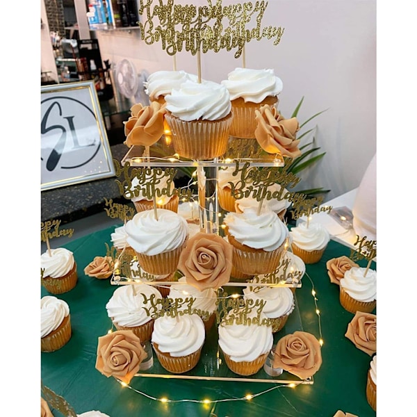 3-vånings Cupcakesställ i Akryl med LED-belysning för Födelsedagar och Bröllop yellow