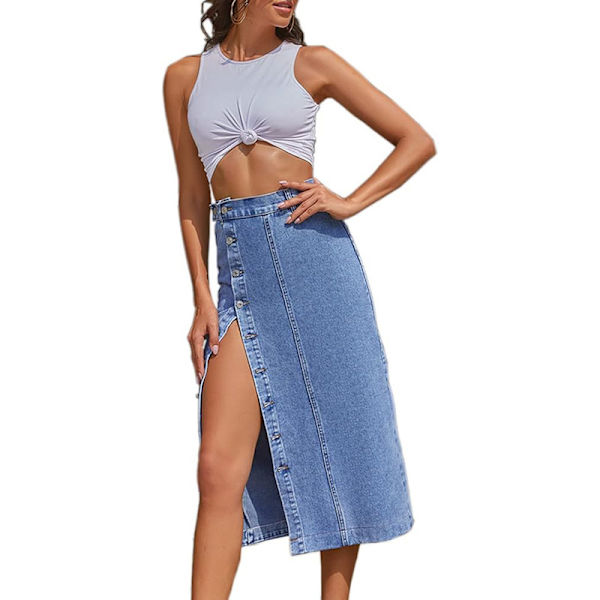 Naisten korkeavyötäröinen pestu nappikiinnitys denim-pitkähame Blue XS