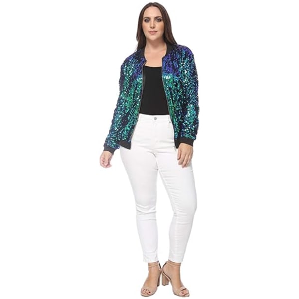 Kvinners Sequin Fitted Lang Ermet Glidelås Blazer Bomberjakke Green L