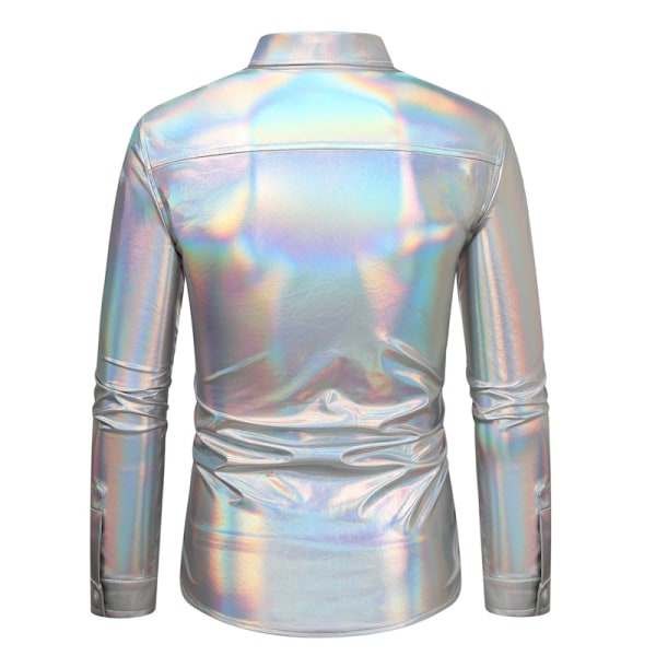 Metallic Disco Shiny Slim Fit Långärmad Button Down nattklubbskjortor för män Sliver L