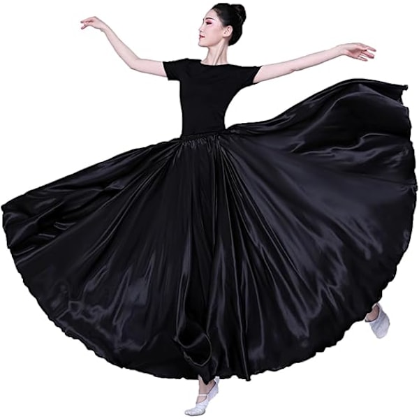 Dam Satin Full Cirkel Ankellång Swing Lång Kjol Magdansdräkt Black 85cm