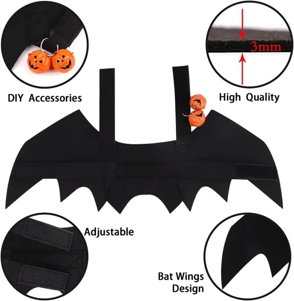 Halloween-kostym för hundar med fladdermusvingar och pumpa-klockor Black M