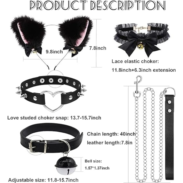 5st Cat Ears Pannband och läder Goth Choker Halsband Set