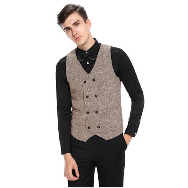 Slim Fit ärmlös kostymväst för män Dubbelknäppt affärsklänning väst khaki M