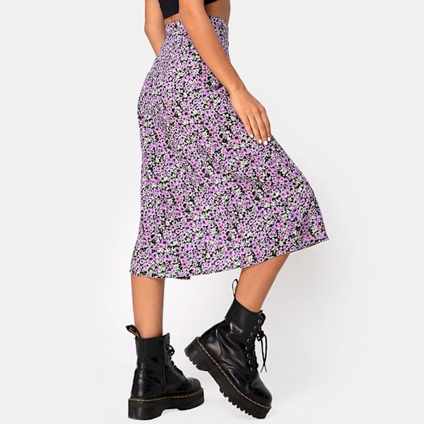 Sommerlige, løse midi-nederdele med slids til kvinder, afslappede højtaljede blomsternederdele Purple XL