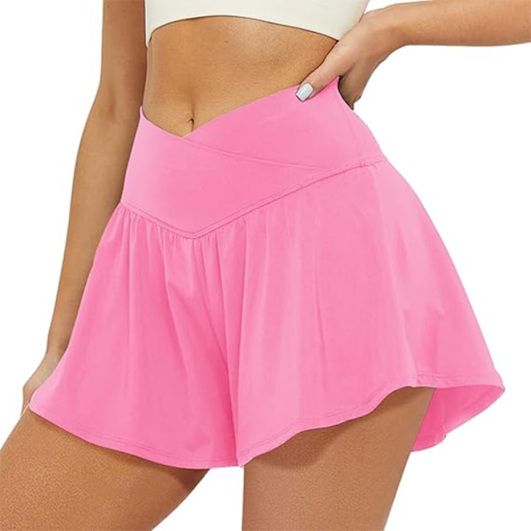 Crossover Athletic Shorts för kvinnor 2 i 1 Flowy Running Shorts Pink M