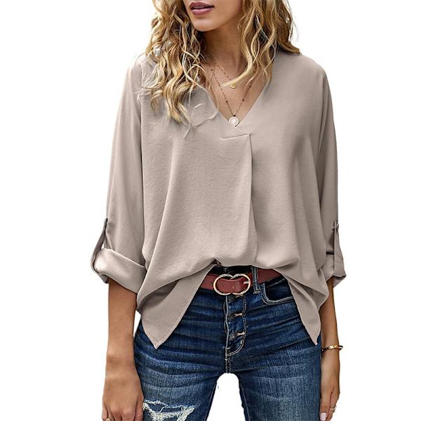 Dam sommar V-ringad chiffongtoppar Casual solida toppar khaki M