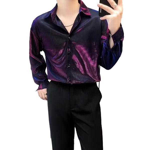 Miesten pitkähihaiset kiiltävät rennot kauluspaidat Purple XL