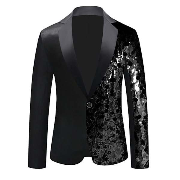 Mænds Sequin Blazer Dragt En-Knaps Slim Fit Sequin Jakke Black 46