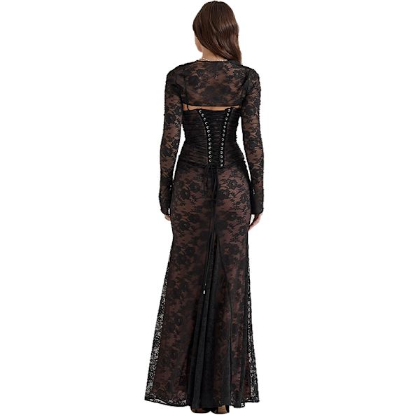 2-delt Korset Kappe Blomsterblomst Blød Mesh Sexy Aftenkjole black M