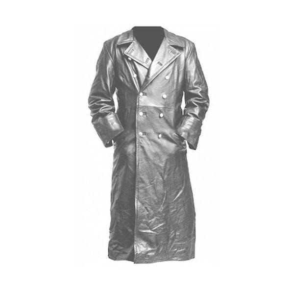 HERRER Lær Trenchcoat Full Lengde Vintage Kunstlærjakke Silver M
