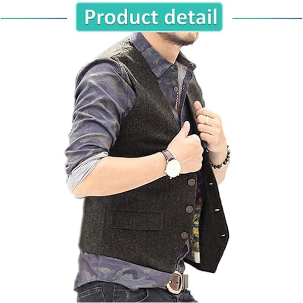 Herrar Herringbone Tweed Ylle Väst Enknäppt Slim Fit Väst Light Grey M