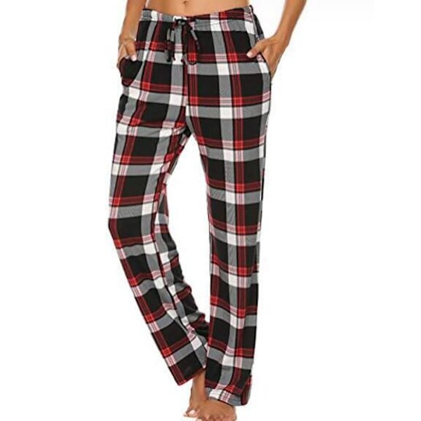 Naisten vyötäröllä nauhalla säädettävät ruudullinen pyjamahousut Red Black XL