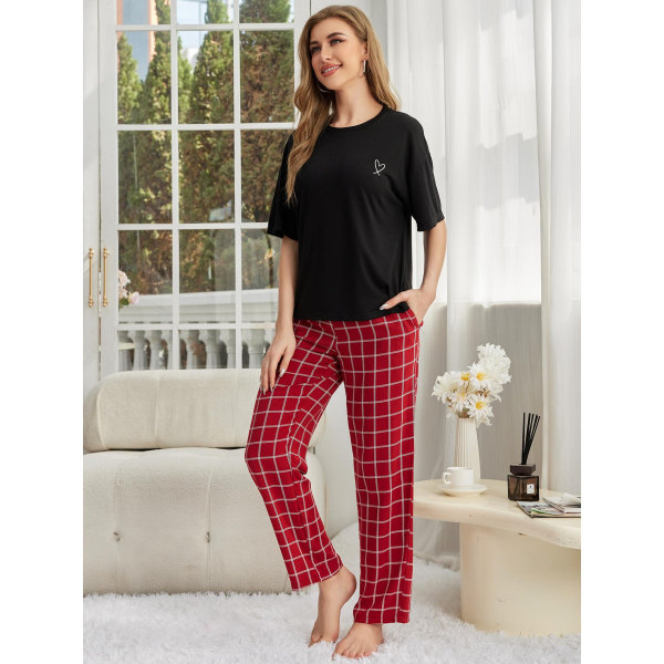 Dam bomull Linne Lounge Set Kortärmad Top Pyjamas Wide Loungewear Red XL