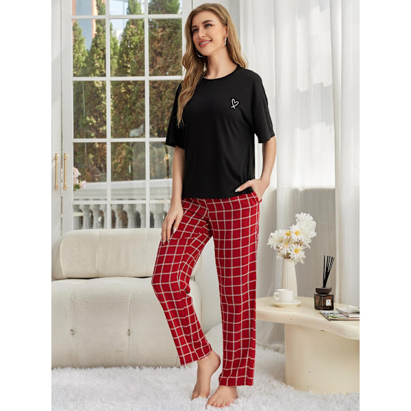 Dam Lounge Set i Bomull och Linne, Kortärmad Topp, Pyjamas, Långa Byxor Red L