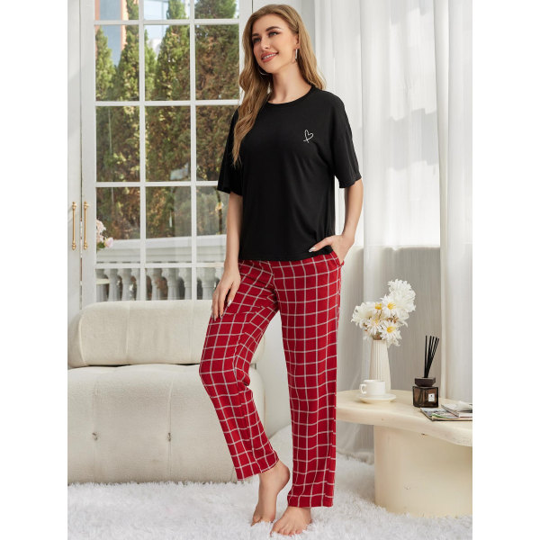 Dame Bomuld Linned Lounge Sæt Kortærmet Top Pyjamas Bred Loungewear Red L