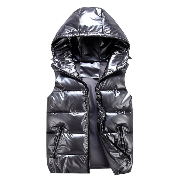 Unisex Kiiltävä Hihaton Takki Puffer Liivi Dark Grey XL