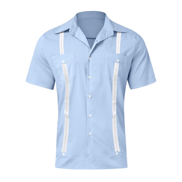 Herrar Kortärmad Kubansk Guayabera Skjorta, Avslappnad Strand Knapp-Ner Skjorta NAVY 3XL
