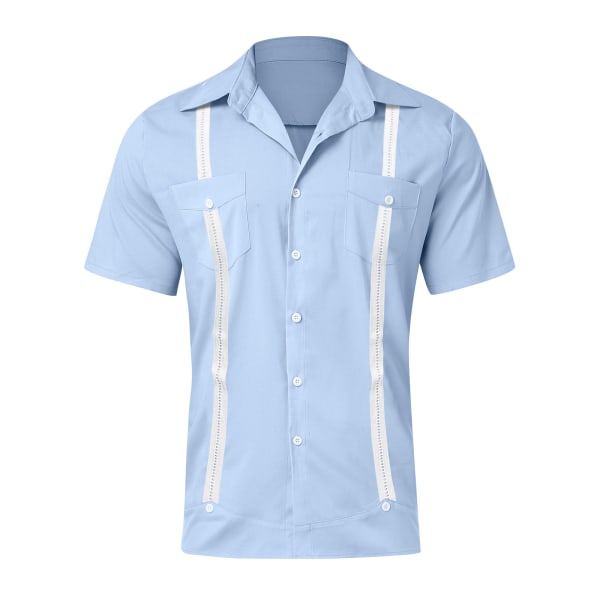 Kortärmad kubansk Guayabera-skjorta för män, Casual Beach Button Down-skjortor NAVY L