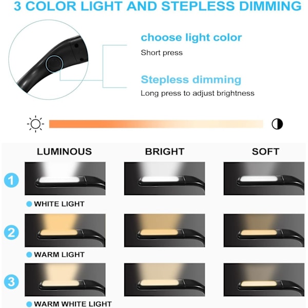 LED-halslampa för läsning, boklampa i sängen, justerbar ljusstyrka skrivbordslampa black