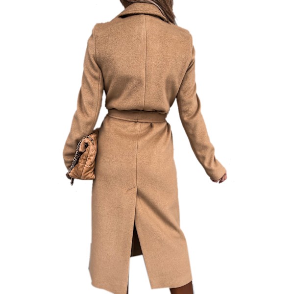 Klassisk lång kappa med bälte för kvinnor khaki M