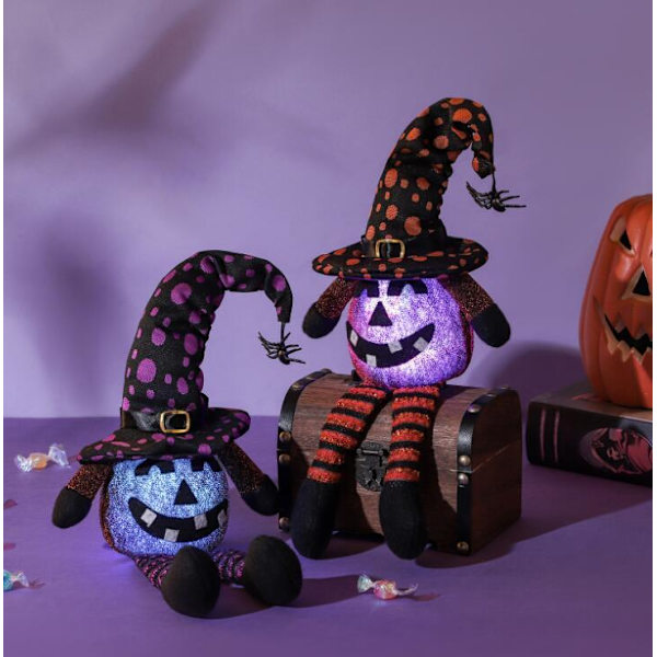 Halloween-kääpiö LED-valolla, hohtava hämähäkkielf-koriste Orange