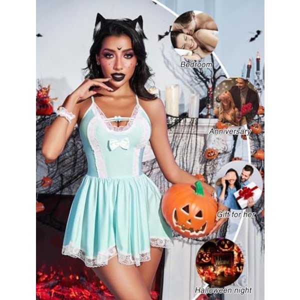 Maid Costume Cosplay Underkläder Set Mesh Chemise Babydoll Spets Rollspelsoutfit Blue XL