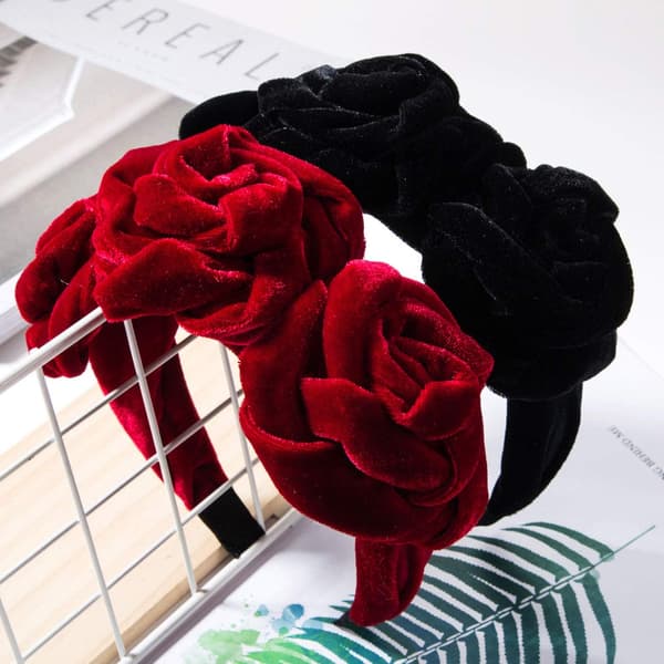 Brett Hårband Rosblomma Sammet Hårtillbehör Röd Black