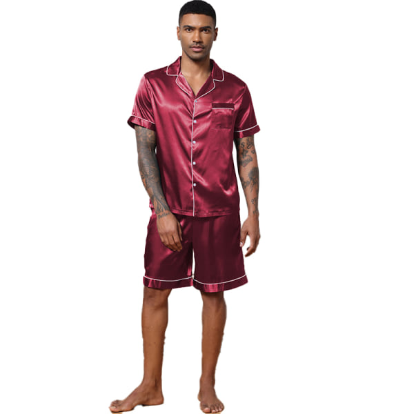 Men Satin Pyjamas Set 2 st Loungewear Button Down Pjs Set red 2XL