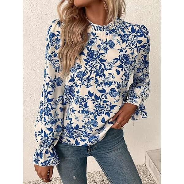 Blouse med blomsterprint, lange ermer, rynket høy hals for kvinner M