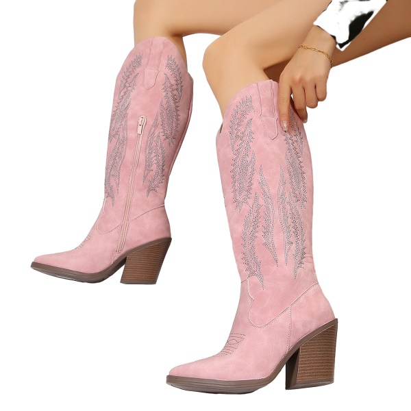 Damskor Cowboy Boots Mid Calf Broderade Cowgirl Boots Pink 6