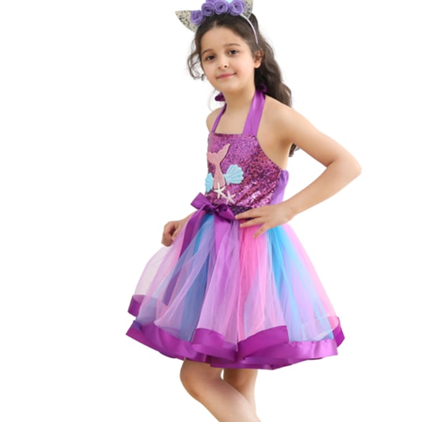 Paljett flickklänning sjöjungfru blommig pösig klänning Purple 130CM